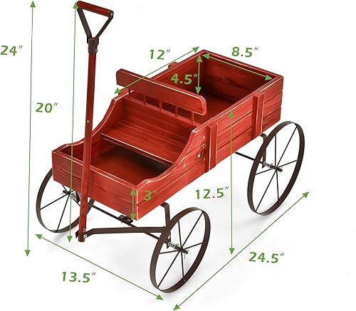 Miniatura 8 de Giantex Maceta decorativa para jardín, carrito pequeño con ruedas de metal, camas elevadas de madera, soporte para macetas para patio trasero,