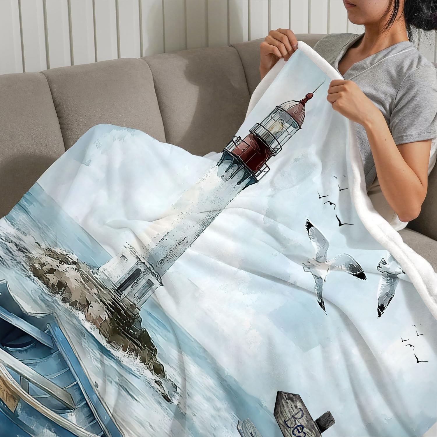 Nautical Coastal Throw Blankets, Ocean Beach Lighthouse Flannel Warm Soft Cozy Fluffy Bed Couch Blanket, Blue Teal Seasides Sailboat Fleece Throws to Decorate The Room Bedroom 50 x 60 - Image 5