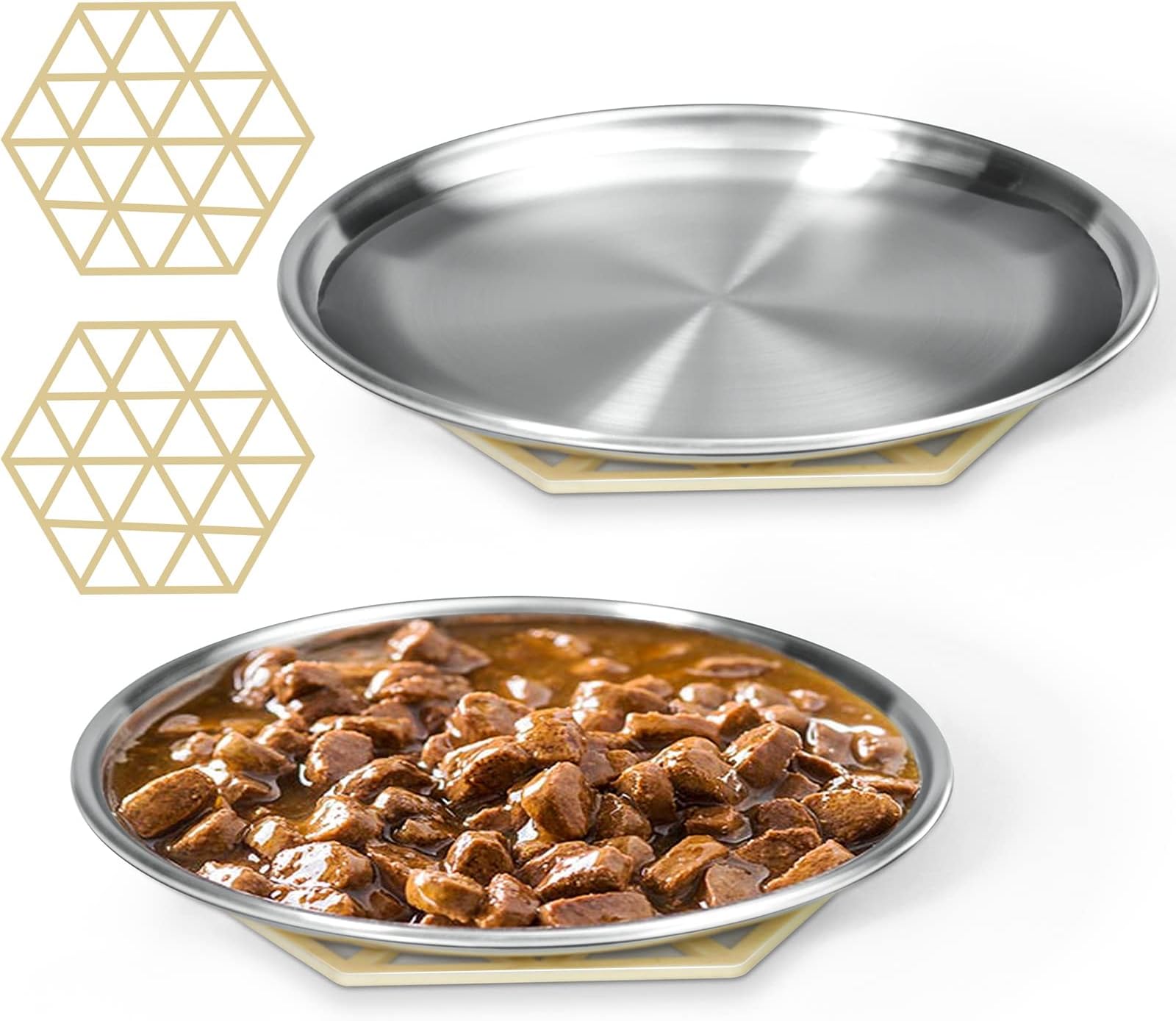 Stainless Steel Cat Dishes for Food and Water Bowls for Small Pets Relief of Whisker Fatigue -2 Sets Shallow Style(6.5 Inch)
