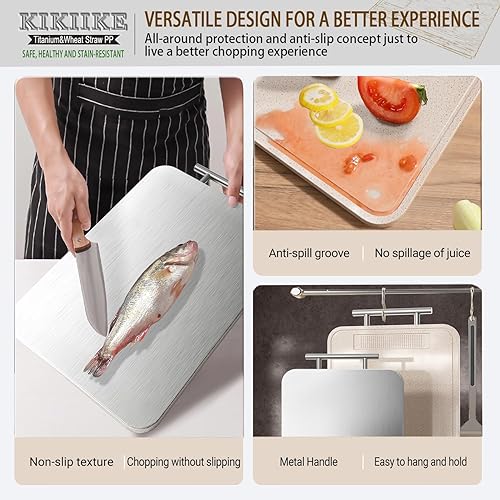 Miniatura 3 de Tabla de cortar de titanio, tablas de cortar de titanio puro de doble cara para cocina, titanio puro y paja de trigo, tablas de cortar de metal de