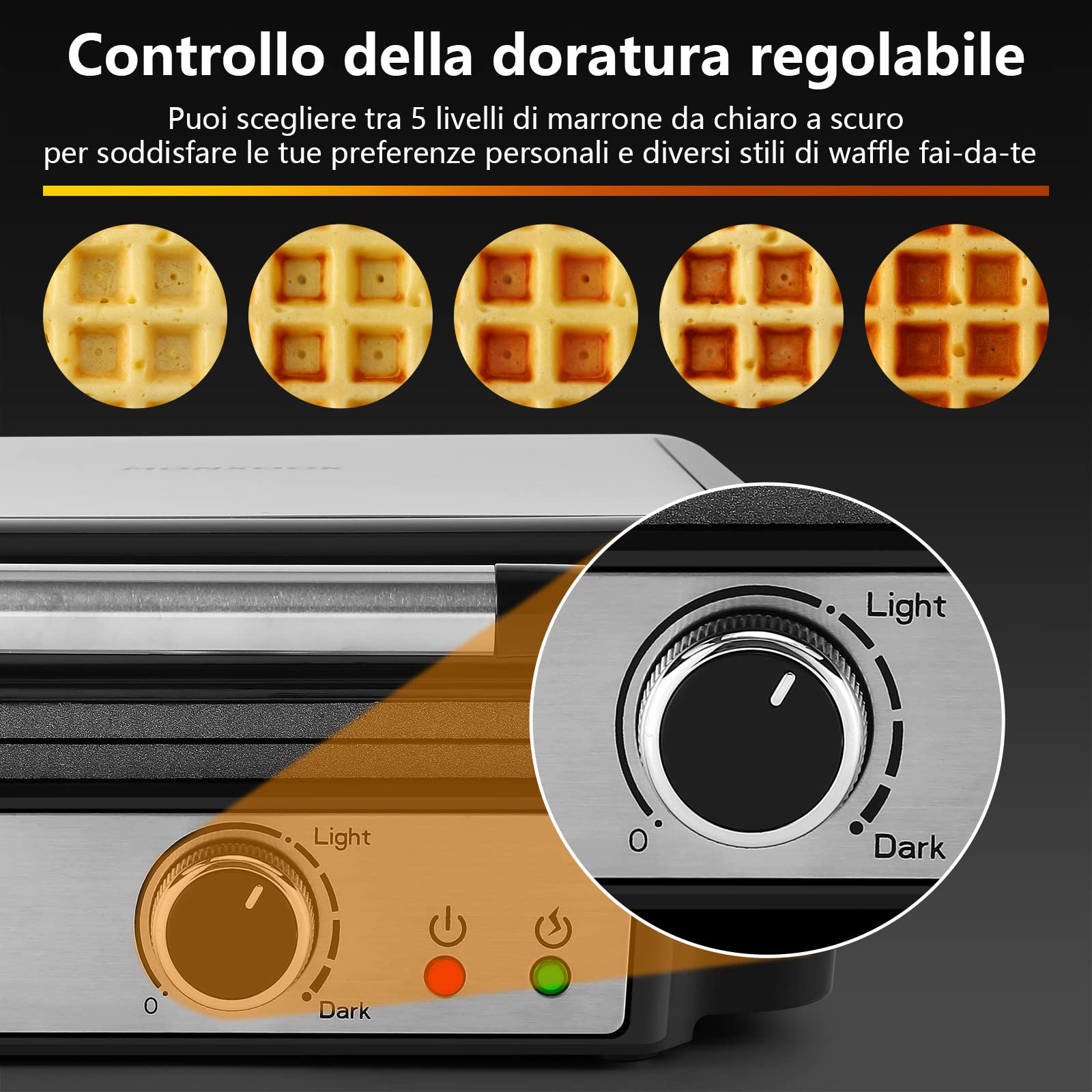 YASHE Piastra per Waffle, Macchina per Waffle Quadrata 4 Fette, 5 Manopole di Doratura, Luci Indicatori, Antisversamento, Rivestimento Antiaderente, 1200W, Argento/Nero