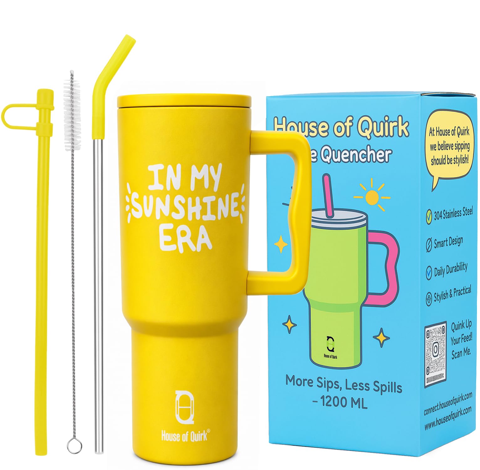 House of Quirk 1200ML Stainless Steel Tumbler with Handle & Lid, 2 Straws – Large Travel Mug Water Cup for Gym, Office & Outdoor Use (Yellow Sunshine)