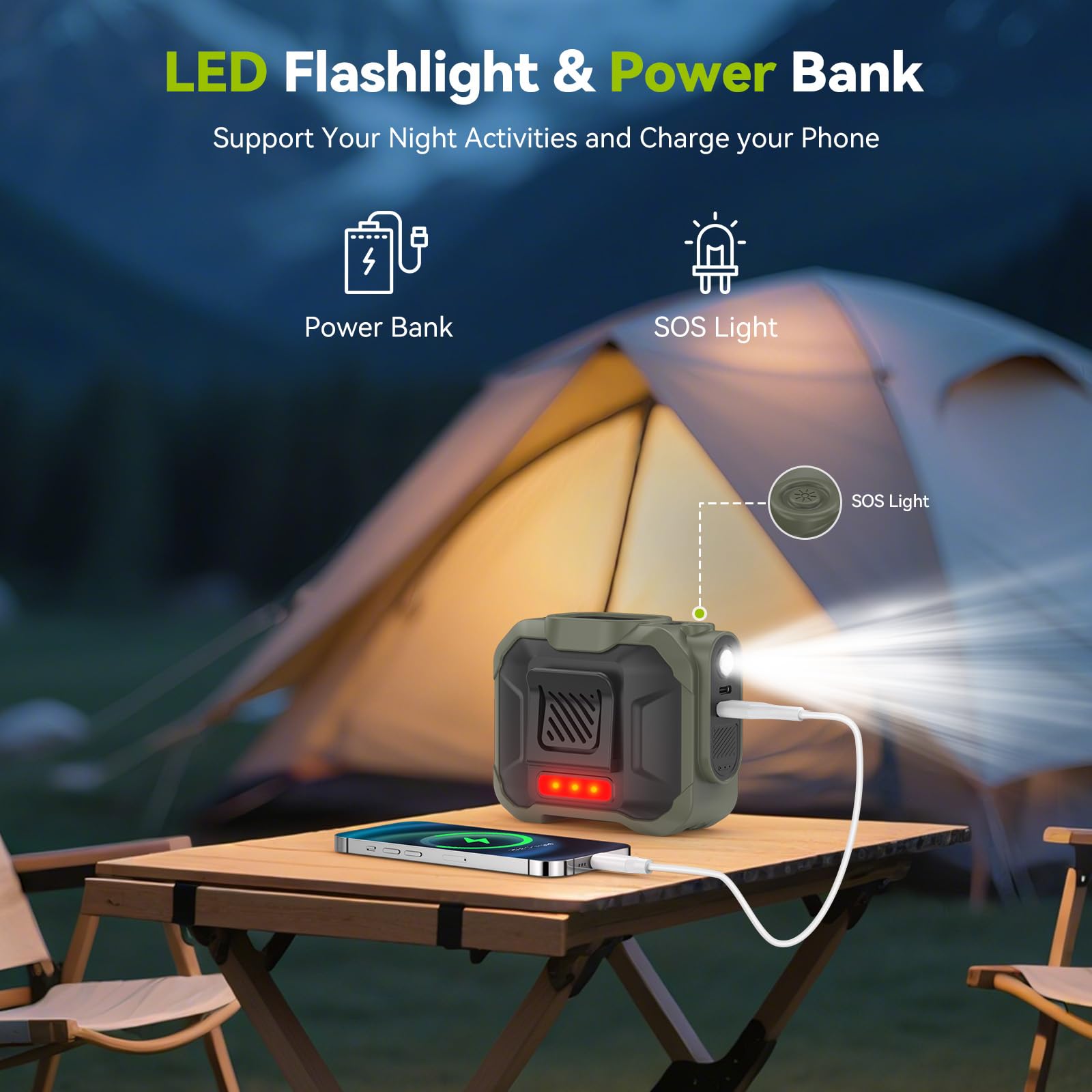 Rintea Ventilateur portable avec clip en vie, 10000 mAh, ventilateur USB, 3 vitesses, mini ventilateur portable avec éclairage, pour bouffées de chaleur, voyage en plein air, camping, vert