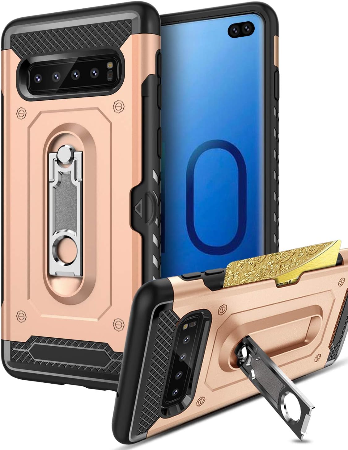 Heavy Duty Kickstand Case for Galaxy S10 Plus,Durable Dual Layer Phone Case for Samsung Galaxy S10+,Hard Cover + Drop Proof Soft TPU + Card Slot,Built-in Stand Feature,Gold