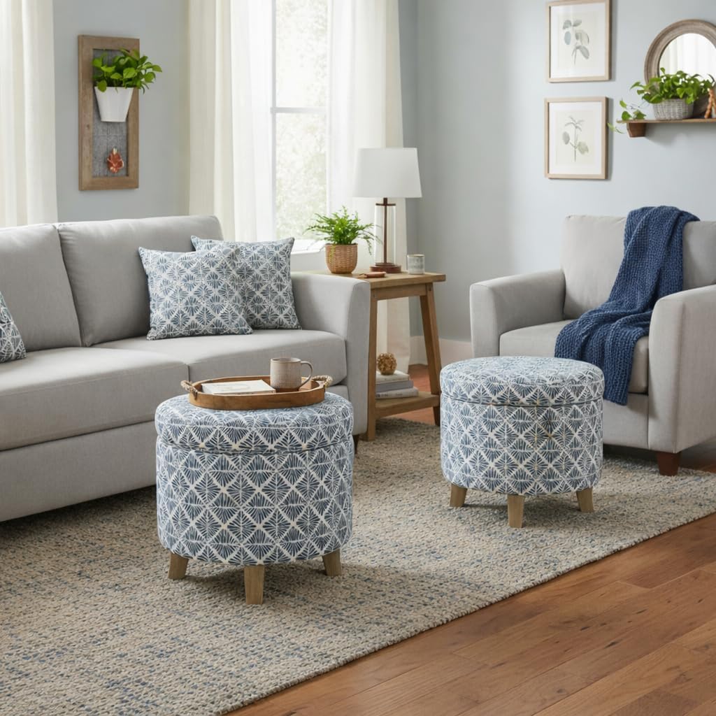 Homepop Home Decor | Upholstered Round Storage Ottoman | Ottoman with Storage for Living Room & Bedroom with Flared Legs, Navy Blue Geometric Pattern Large