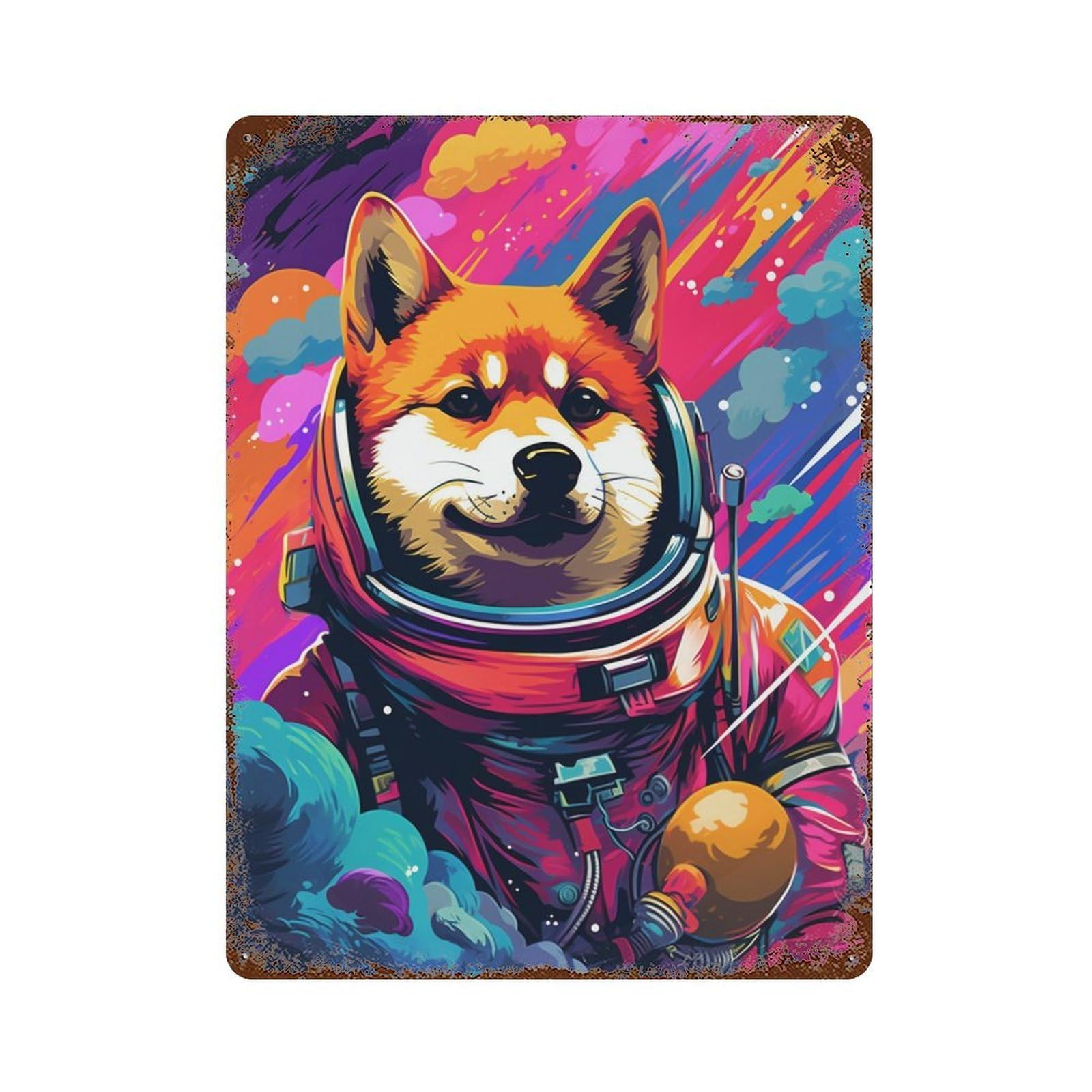 Rust Effect Space Dog Astronaut Art Print-25 Rusty Metal Tin Sign 15.7"x11.8", Industrial Home Decor for Living Room, Hallway And Home Decor