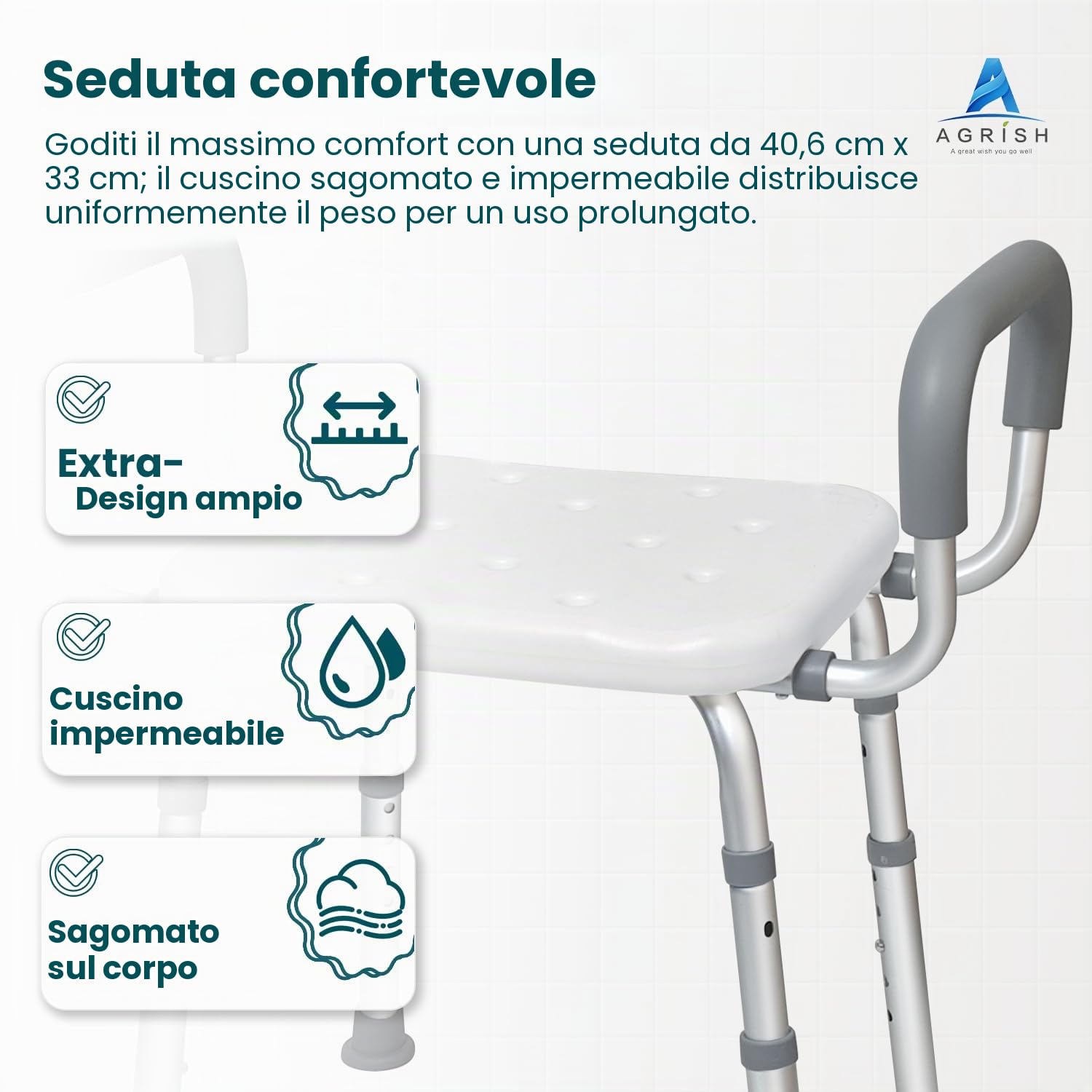 Sedia da Doccia Regolabile con Braccioli Rimovibili per Anziani | Portata fino a 159 kg, struttura robusta e piedini antiscivolo; adatta a vasche e persone disabili o con mobilità ridotta.