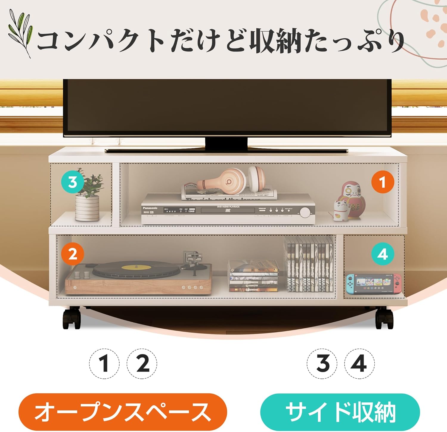 WLIVE テレビ台 テレビボード ローボード キャスター付き 幅80×奥行30×高さ39cm 24-37V対応 キャスター外しても利用可能 ロータイプ AV機器対応 コンパクト 組立簡単 ホワイト