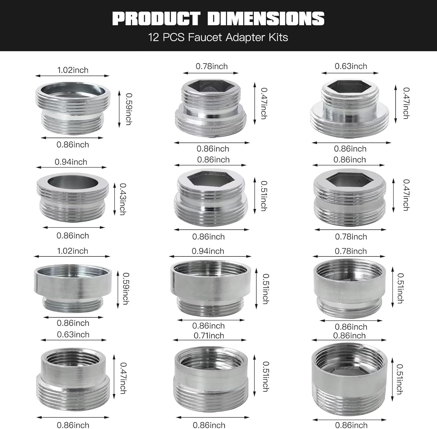 12-Piece Multi-Size Faucet Adapter Kit with Diverter | Fit for 16-26mm Male/Female Threads Fit for Kitchen Aerators, Water Filters & Hose Connections