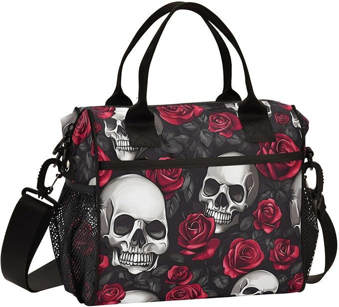 ALAZA Sugar Skull Rose Flower Retro Insulated Lunch Bags Lunchbox Cooler Reusable Large Lunch Tote Bag Shoulder Bag for Work Picnic School M