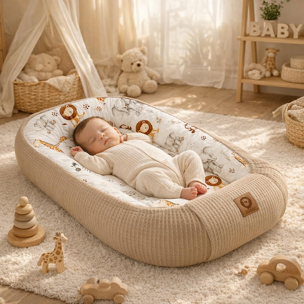 Babynest Nestchen Baby Set für Neugeborene – 5-teilig – Kuschelnest aus 100% Baumwolle & Waffelpique – Babykokon tragbar – für Babybett, Kinderbett & Kinderwagen – OEKO-TEX - ZOO und Braun