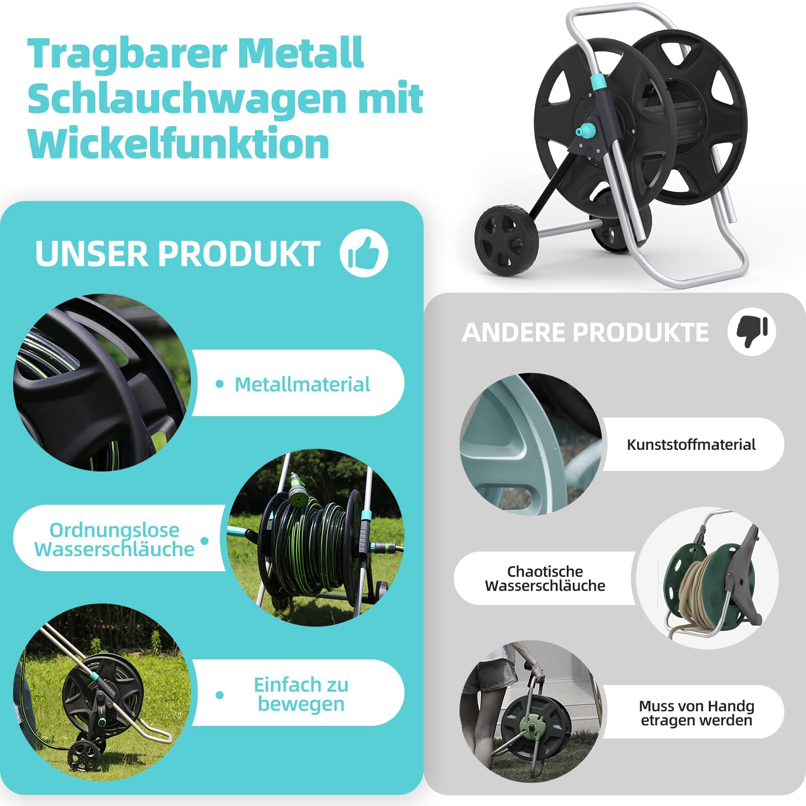 Schlauchwagen, Metall Schwerlastschlauchwagen mit Rädern, tragbarer Schlauchwagen für 30–60 m Schlauch, Schlauchaufroller für Außenbereich,Gärten oder Rasenflächen,Hinterhöfe