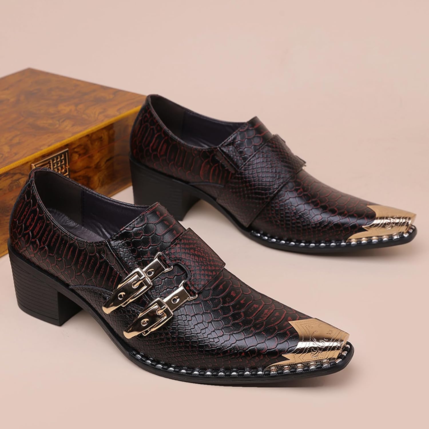 Men's Chunky Heel Print Oxfords Fashion Classic Leather Monk Strap Slip-on Dress Loafers Tuxedo Business Casual Office Wedding Formal Shoes