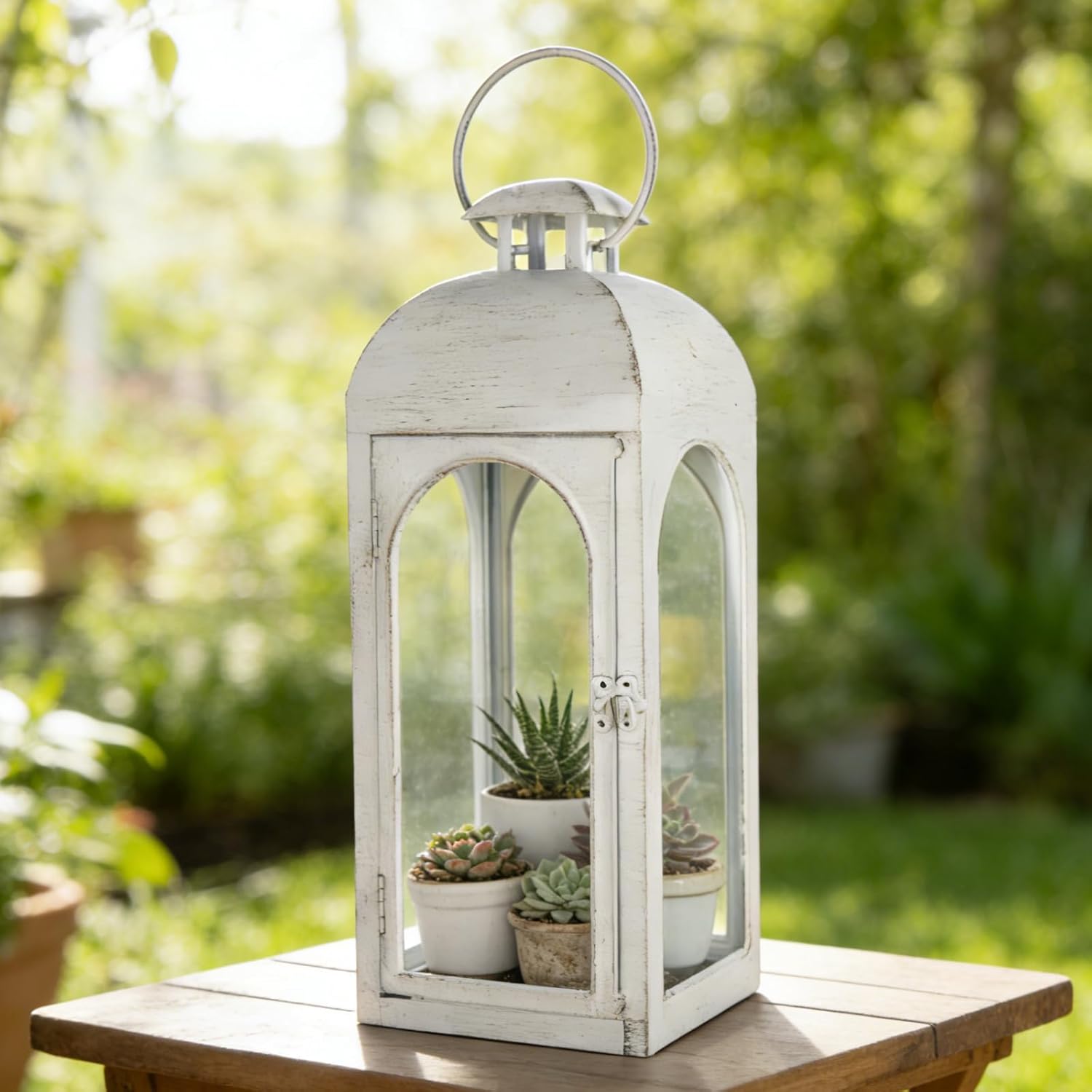 Decorative Candle Lantern 16Inches Outdoor Metal Lantern Hanging Candle Lantern for Indoor Outdoor Home Decor Patio Christmas Decorations, Greyish White