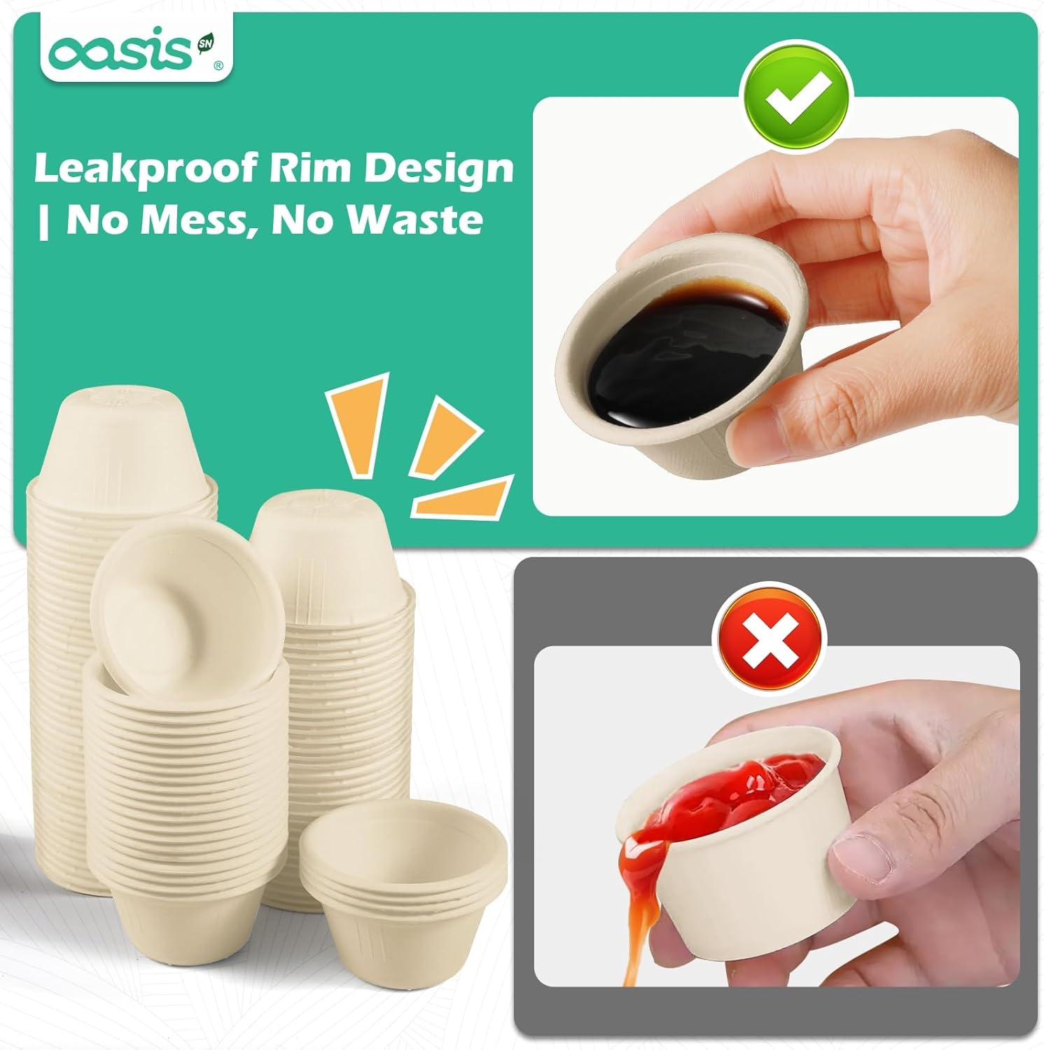 [𝟐𝐨𝐳, 𝟓𝟎𝟎-𝐏𝐚𝐜𝐤] Compostable Souffle Cups, Biodegradable Paper Portion Cups Made from Bagasse, Leak-Proof & Sturdy for Dips, Dressings, Samples (Natural)