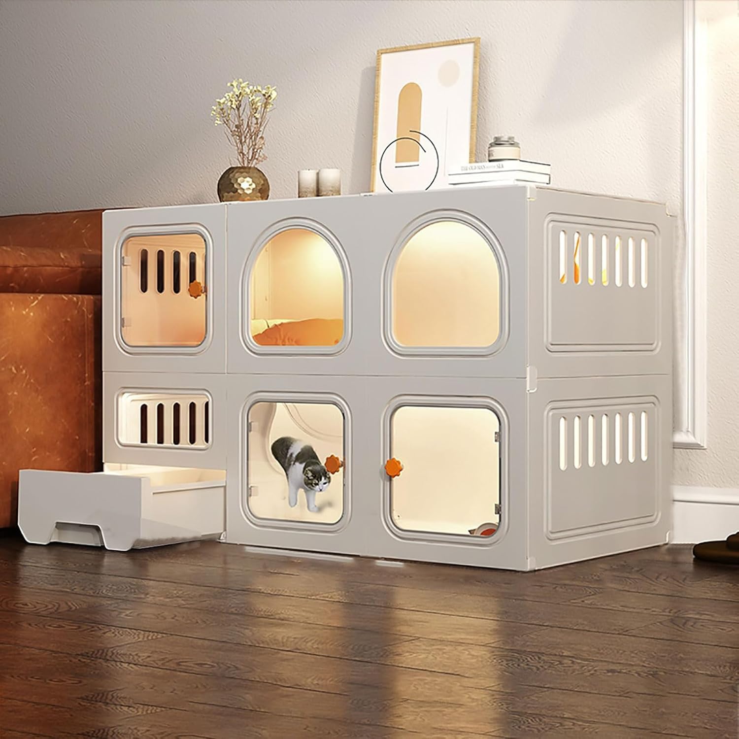 Gabbia per gatti, recinto fai da te per gatti, gabbia per gatti da interno con lettiera, facile da montare, ampio spazio per esercizi, ideale per 1-2, bianco, 106 x 46,5 x 71 cm