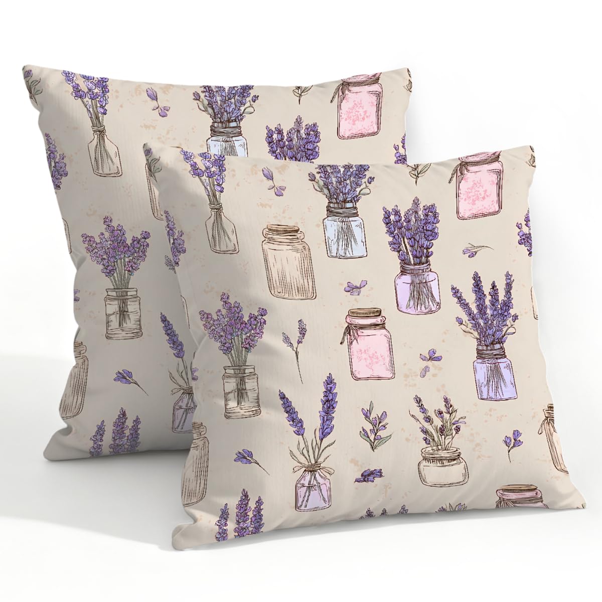 Outdoor Pillow Covers Waterproof Pillowcases 22x22in Set of 2 Vintage Lavender Floral Vase Decorative Throw Cushion Case for Couch Sofa Garden Patio Furniture
