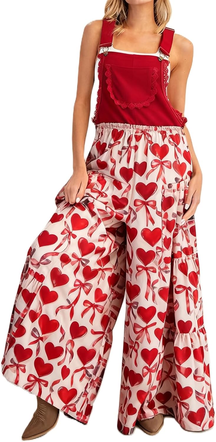 Womens Valentine's Day Bibs Overalls Heart Printed Sleeveless Adjustable Straps Wide Leg Pants Loose Jumpsuit