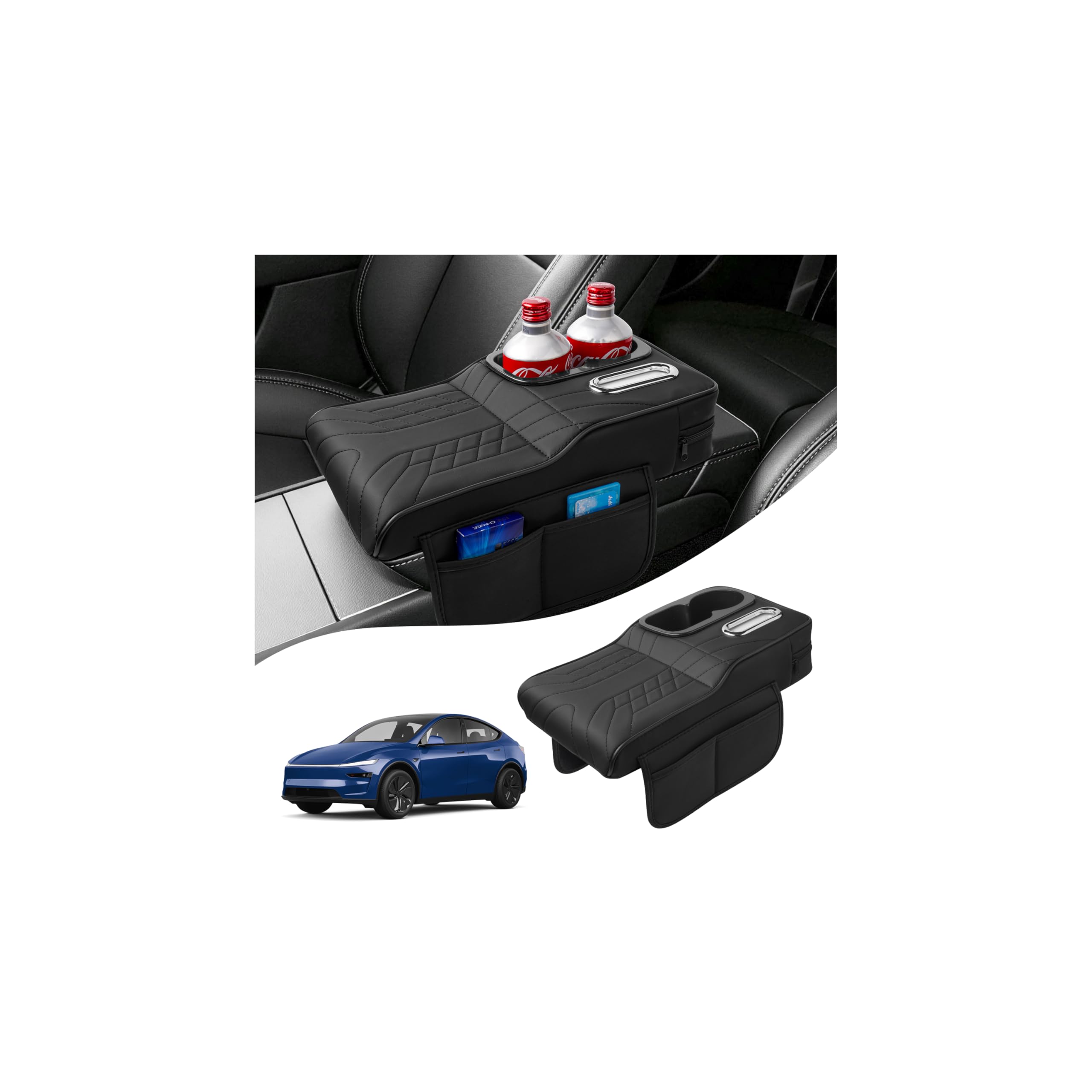 Autorder 4-in-1 Center Console Cover for Tesla Model Y/Model 3 2020-2026 Accessories Armrest Cushion with Multi-Purpose Storage Leather Middle Console Cover for Model Y Juniper/Model 3 Highland