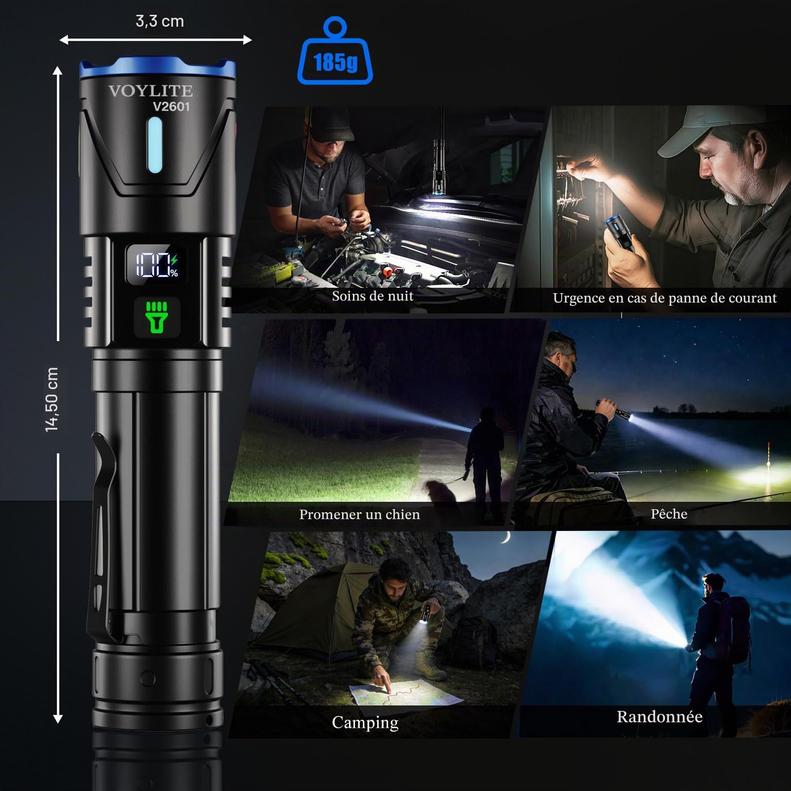 Lot de 2 Lampe Torche LED Rechargeable, 1000000 LM Ultra Puissante | 24H Éclairag（2 X lampe), Portée de 1500m, 3 Modes, Zoomable, LCD Display, IPX7 étanche Pour Camping/Randonnée/Outdoor (pince)