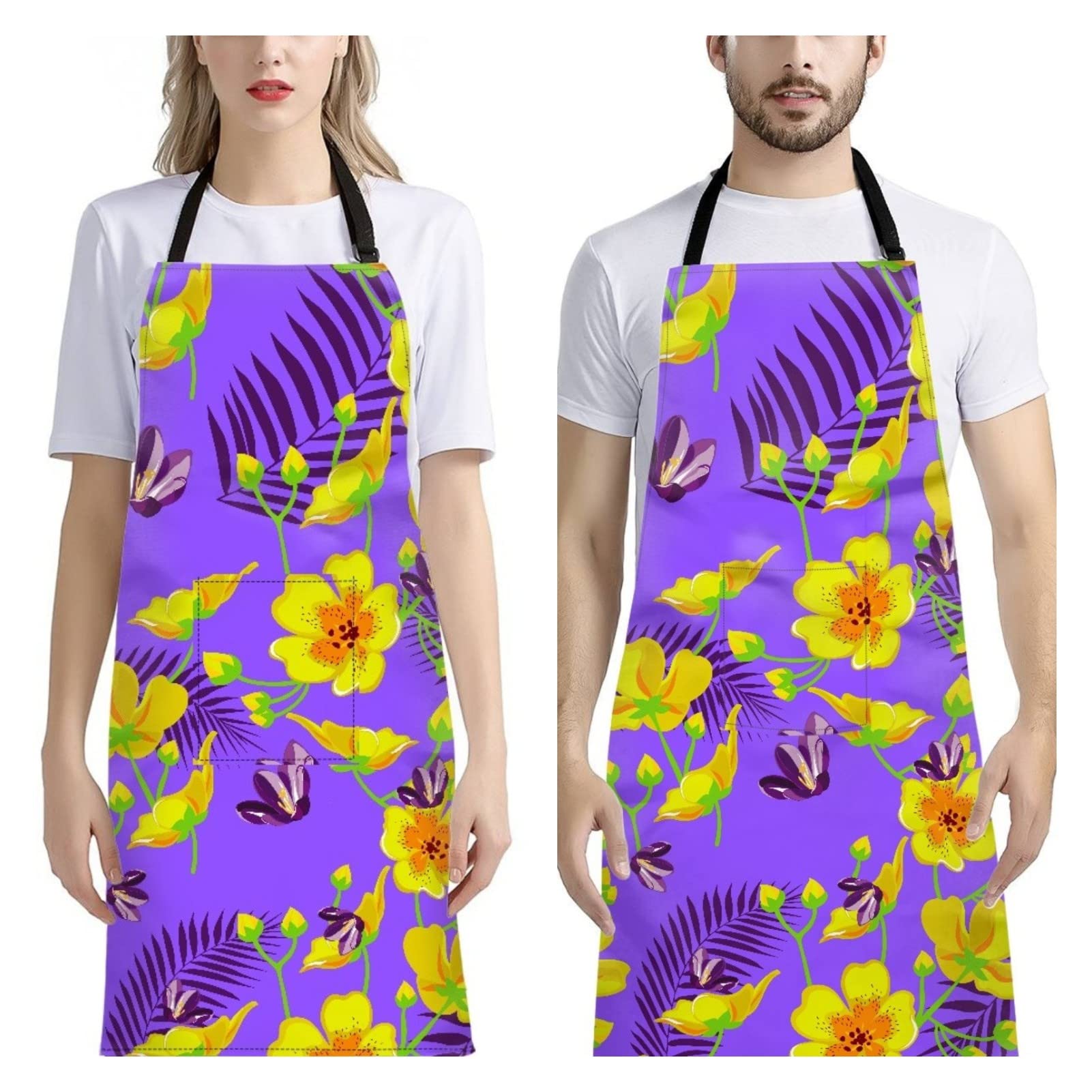 Dajingkj 2 Pack Yellow Flower Aprons for Women with Pockets Blue Adjustable Waterproof Long Kitchen Bib Apron for Cooking Baking Birthday Mother's Day