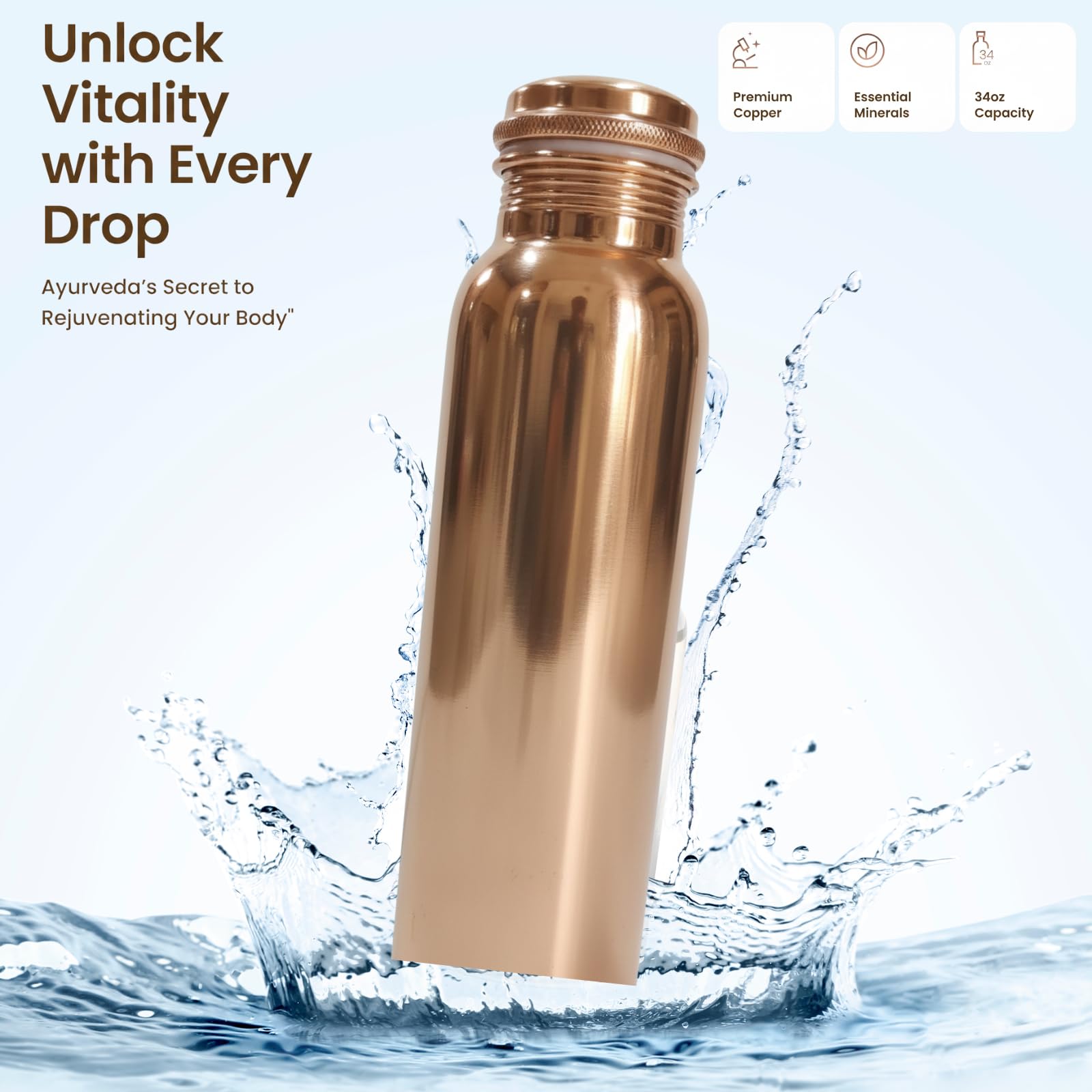 Pure Copper Water Bottle - 1L Ayurvedic Bottle -6 Pure Copper Water Bottle - 1L Ayurvedic Bottle -6
