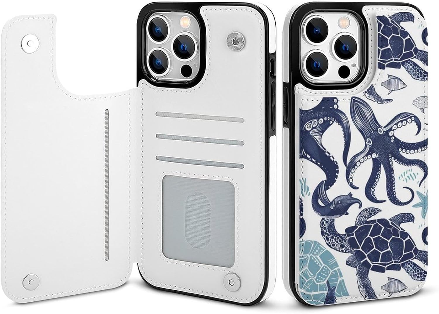 Turtle Octopus Pattern Ocean Theme Print Flip Phone Wallet Case for iPhone 14, PU Leather Magnetic Shockproof Phone Case Cover with Card Holder
