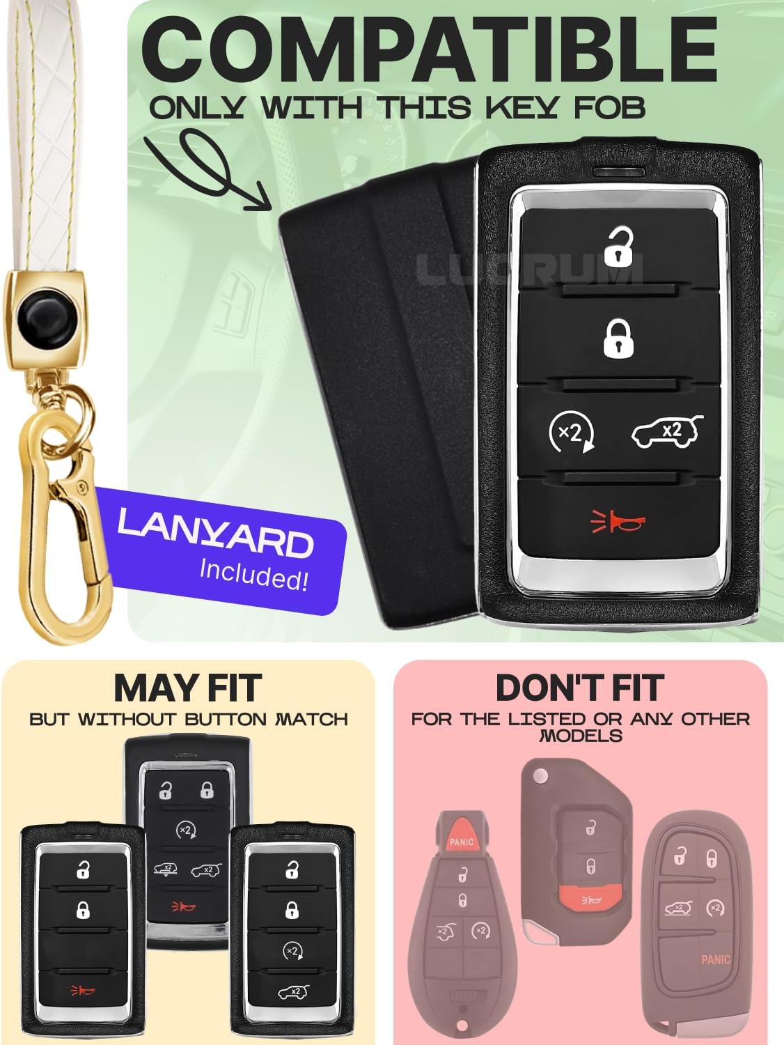 Lucrum Compatible with Jeep Grand Cherokee Key Fob Cover & Leather Keychain - TPU Keyfob Case for Cherokee, Wagoneer (2021-2025) - White and Gold
