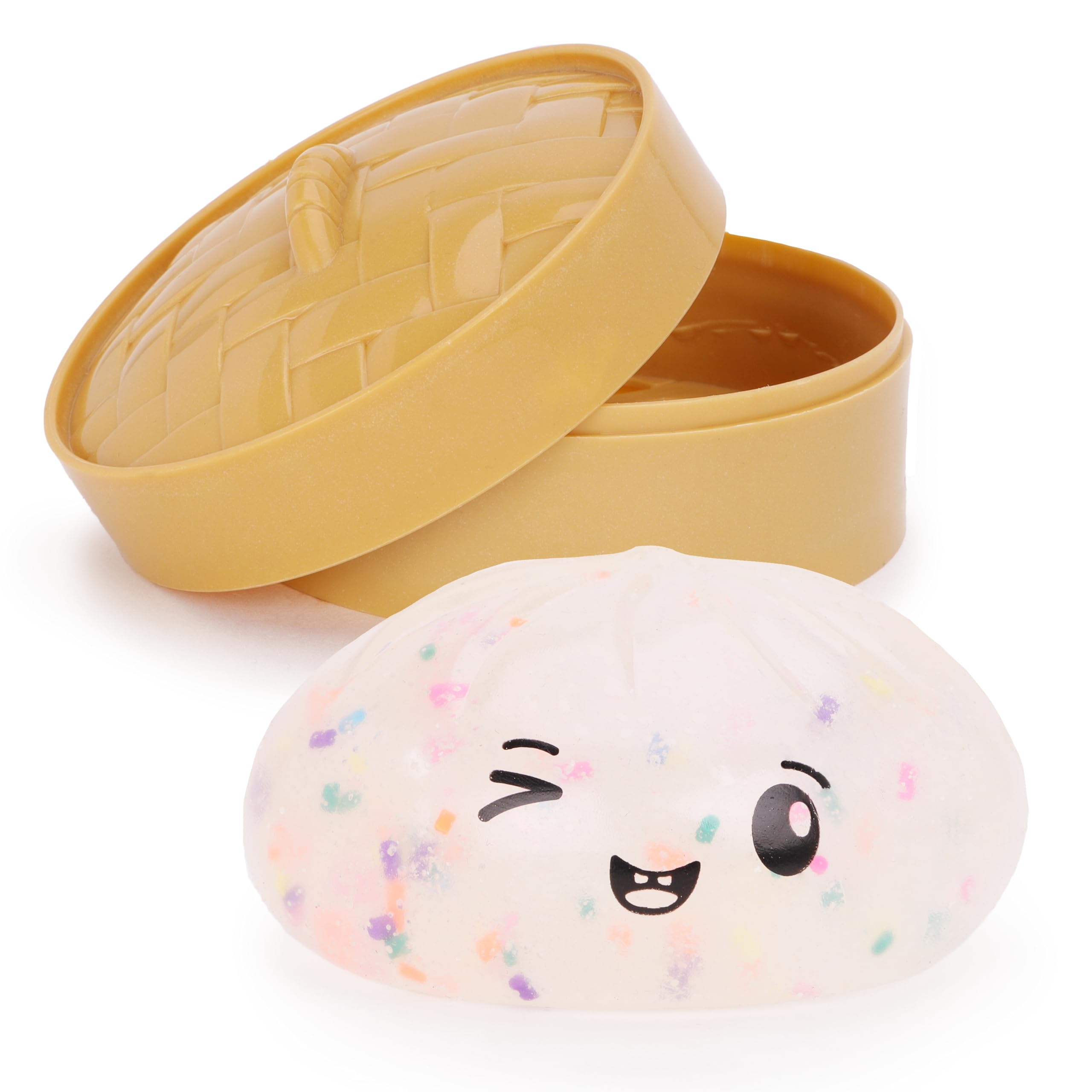 Toyland® Confetti Squishy Bao Dumpling Sensory Fidget Toy with Plastic Steamer Box - Squeeze Toys for Kids - Ages 3+