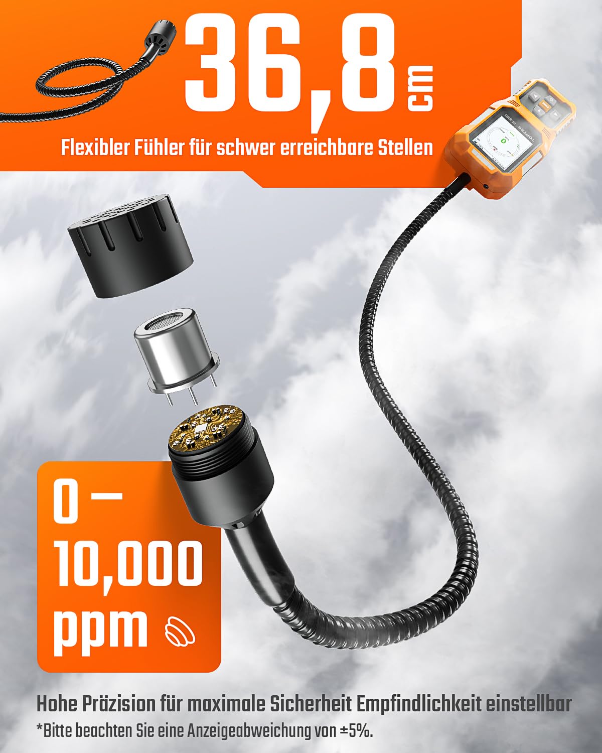 TopTes PT-830S Wiederaufladbarer Gasmelder mit 36,8cm Sonde, Bereich 0-10000 ppm, TFT-Farbdisplay mit 3 Alarmtypen, Hohe Empfindlichkeit gaslecksuchgerät für Propan, Methan für Haushalt oder Industrie