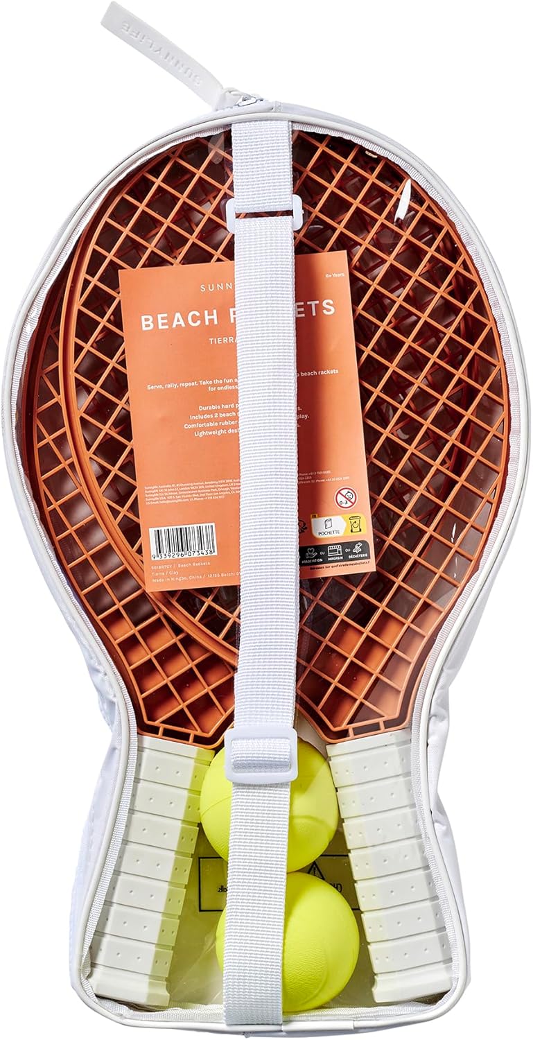 SUNNYLiFE Beach Racket Set, Beach Tennis, 2 Rackets and 2 Balls, PP and TPR Material, Clay Color, with Mesh Carry Bag