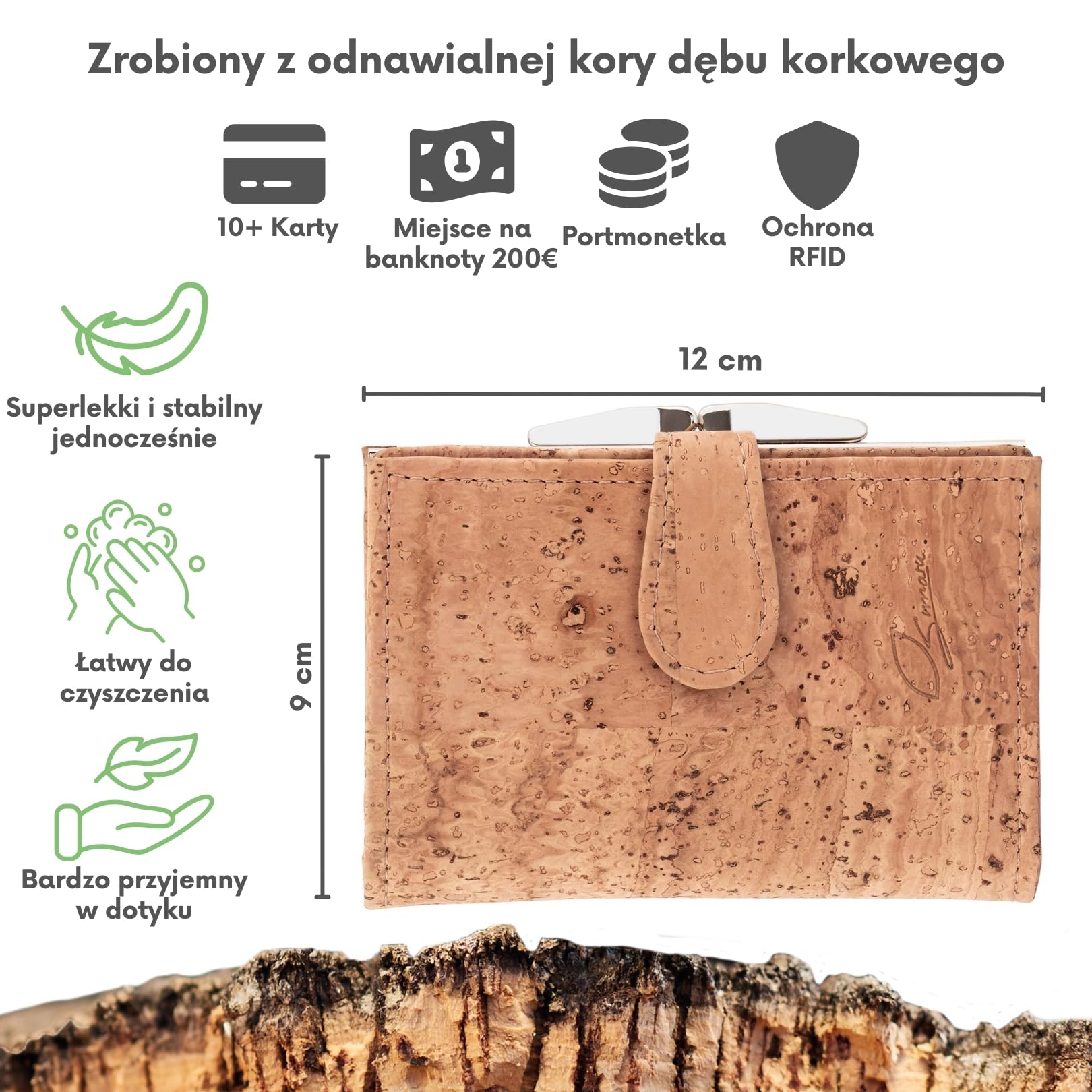 Simaru Wegański portfel damski z korka z metalowym zatrzaskiem i ochroną RFID | Okienko na dowód, przegródki na karty i kieszeń na bilon | Naturalny korek 9x12 cm | Wysoka jakość i dbałość o (Beżowy)