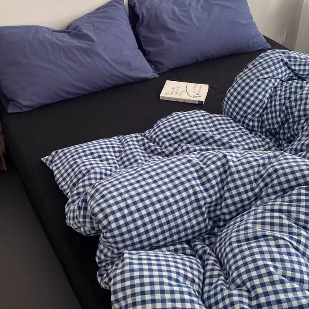 Covebett Blue Gingham King Duvet Cover Sets Navy Blue White Grid Bedding Set Microfiber Dark Blue Checkered Plaid Geometric Comforter Cover 220x230 with Zipper Closure and 2 Pillowcases 50x75 cm