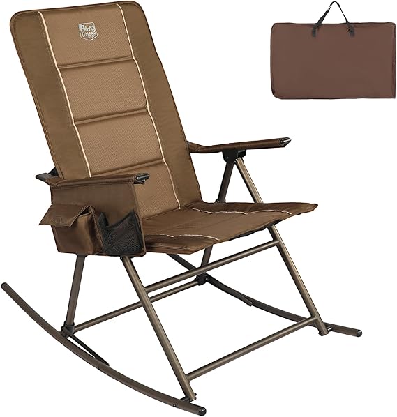 TIMBER RIDGE Folding Rocking Camping Chair, Padded High Back Outdoor Rocking Chair with Side Pocket, Portable Rocker Lawn Chairs for Adults, Heavy Duty Supports 300 LBS, Brown-1 Pack