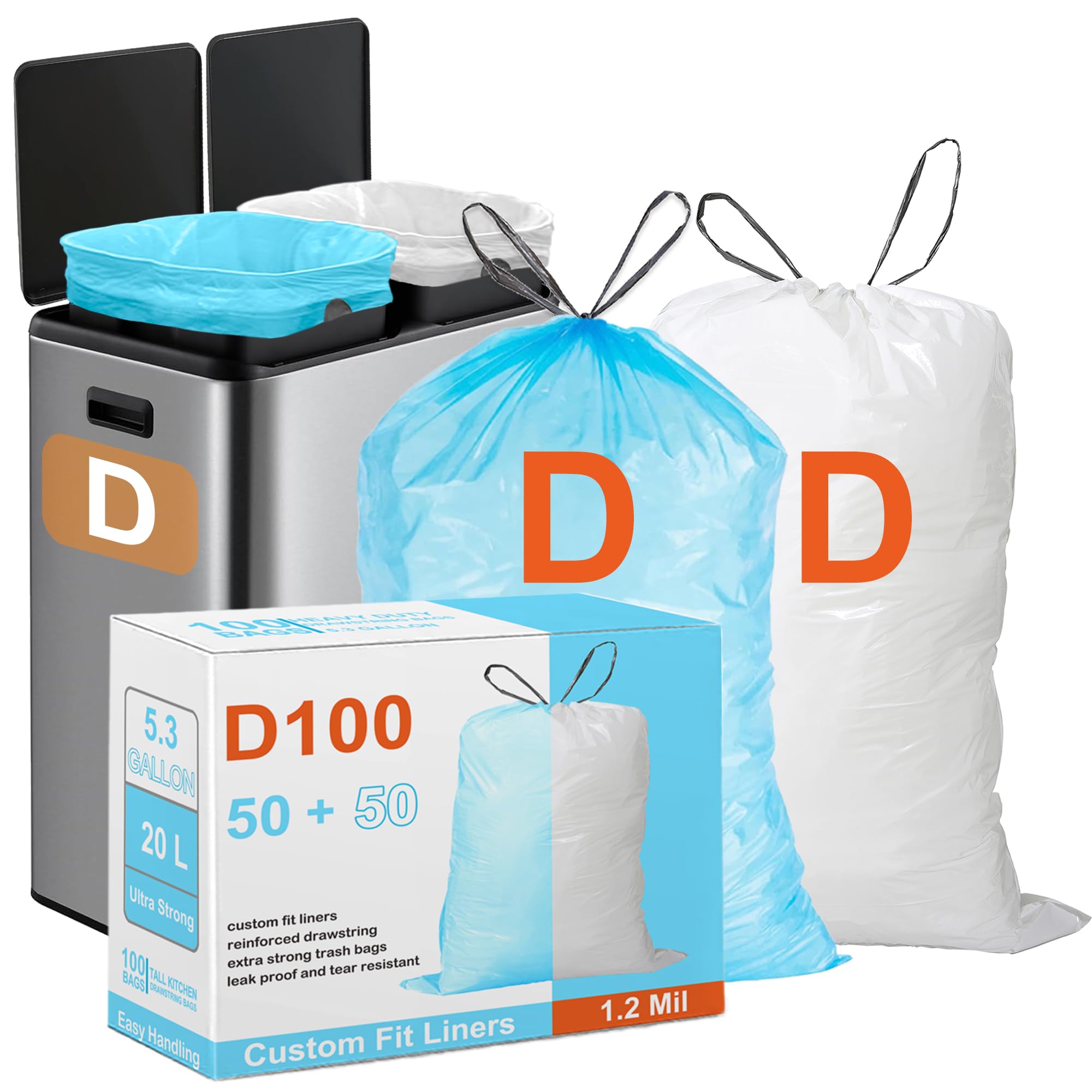 Perfect Fits Code D 100 Count Heavy Duty Trash Bags THICK Garbage Can Liners Reinforced Drawstring Trash Bags Blue 50 &amp; White 50 TOTAL 100 Count GRAND SAVE!