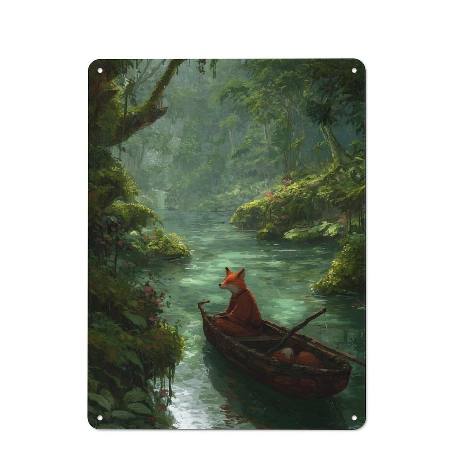 Fox in A Boat on River Retro Metal Sign 40x30cm for Garden Room Or Summerhouse, A Decorative Metal Sign for Garden Rooms And Summerhouses