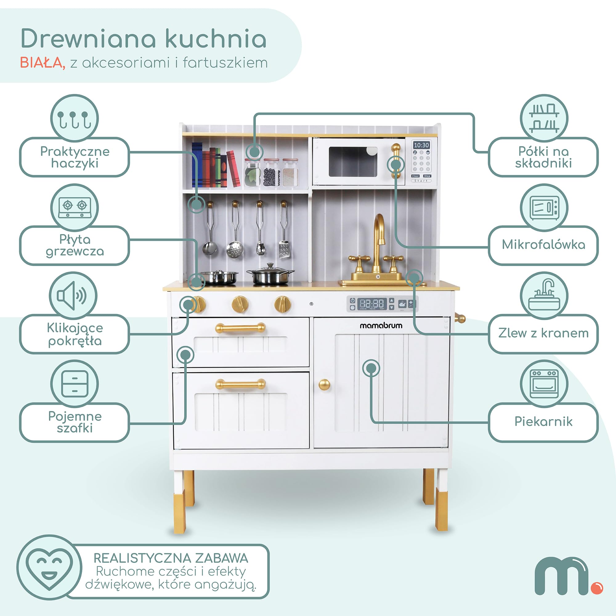 Mamabrum Drewniana Kuchnia dla Dzieci 3+, Dziecięcy Zestaw Kuchenny z Akcesoriami i Fartuszkiem, Biała Kuchenka Zabawkowa z Mikrofalówką, Piekarnikiem, Zlewozmywakiem i Garnkami