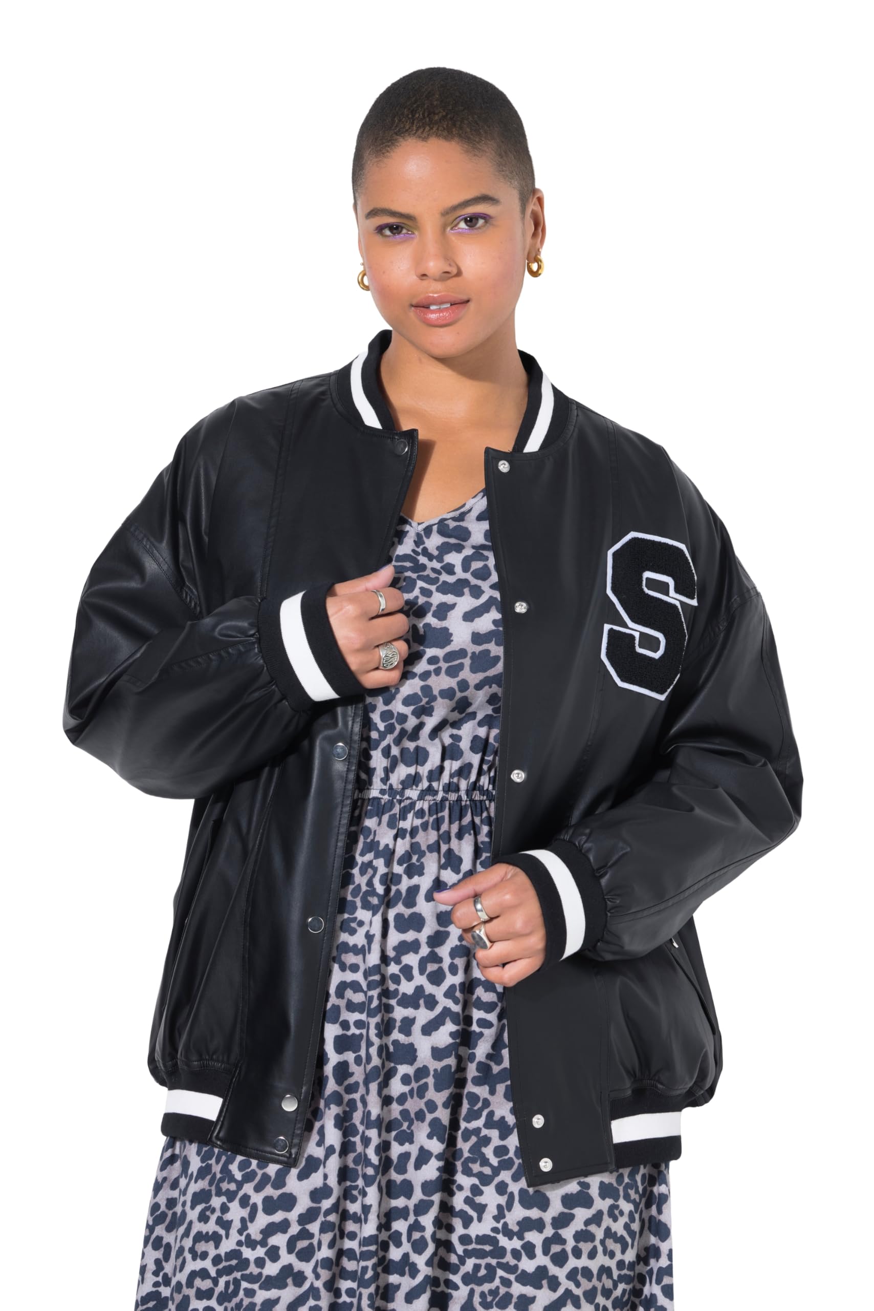 Studio Untold Damen große Größen Übergrößen Plus Size Collegejacke, Lederoptik, Streifenbündchen 842793