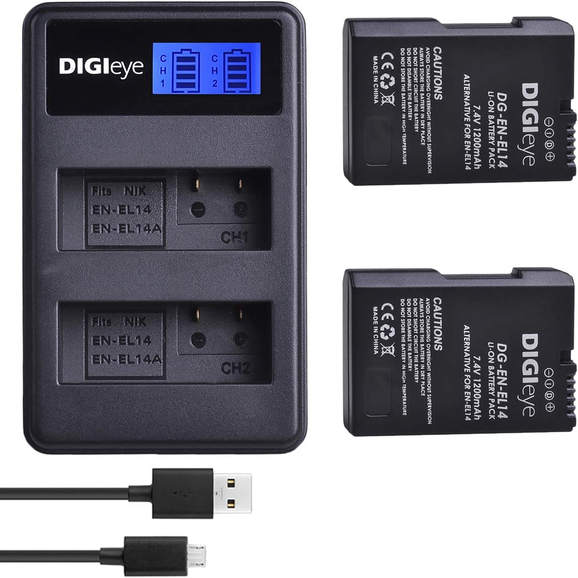 DIGIeye EN-EL14 EN-EL14A Battery (2 Pack) with Dual LCD USB Charger for Nikon D3100, D3200, D3300, D3400, D3500, D5100, D5200, D5300, D5500, D5600, Df DSLR, Coolpix P7000, P7100, P7700, P7800