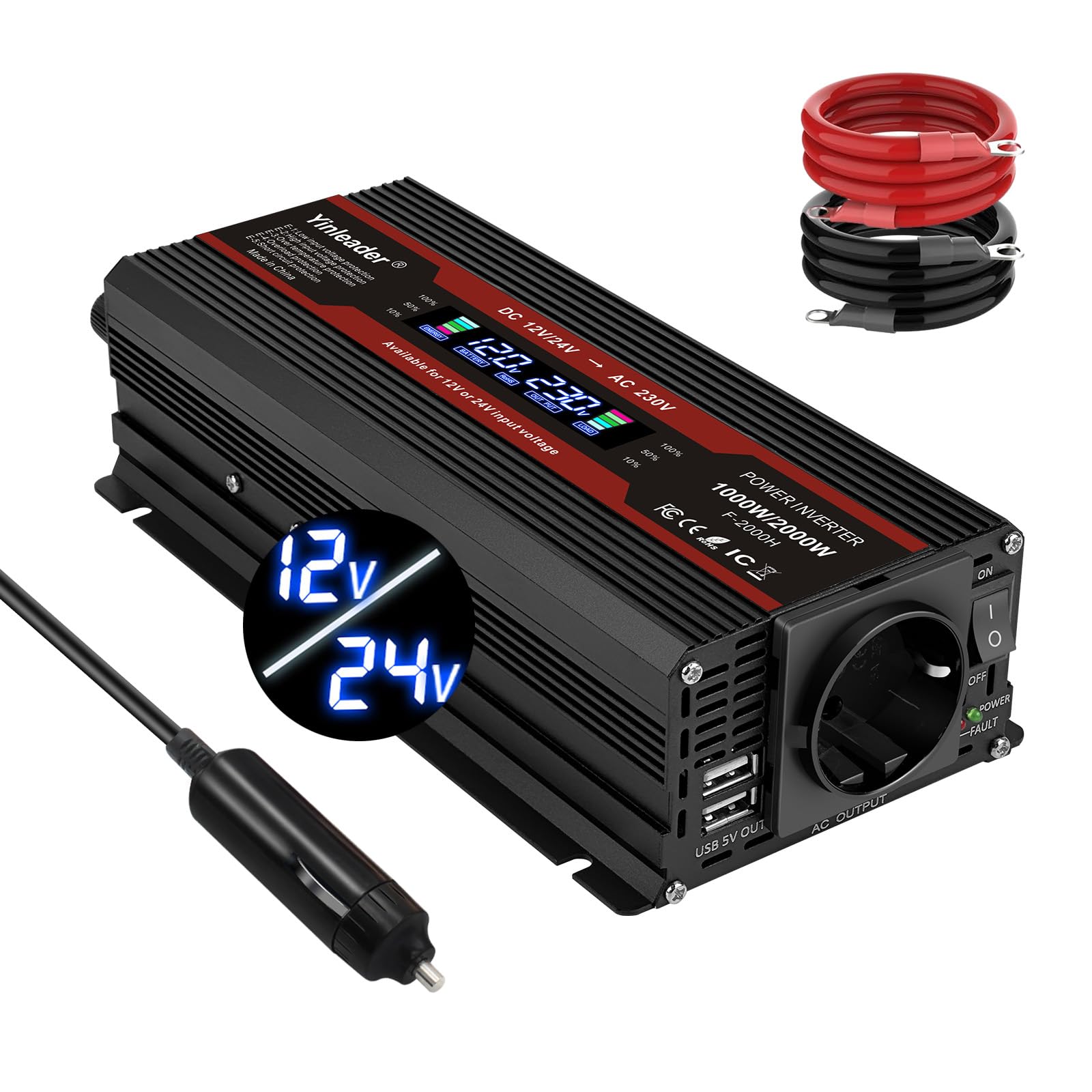 Yinleader 2000W Wechselrichter 12V/24V auf 230V KFZ Spannungswandler mit LCD Display 1 EU Steckdose und 2 USB-Ports KFZ Inverter mit Zigarettenanzünder für LKW, Auto, Wohnmobil, Camping