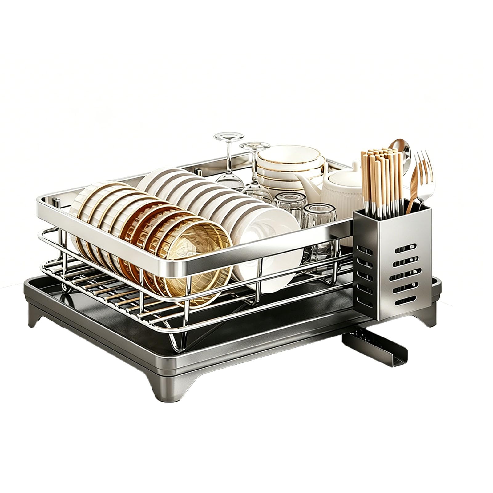 TBATM Dish Rack for Kitchen Counter with Utensil Holder, Rustproof Dish Racks with Drainboard, Large Capacity Counter Organizer, Multifunctional Storage Shelf for Plates Cutlery,Silver,1 Tier