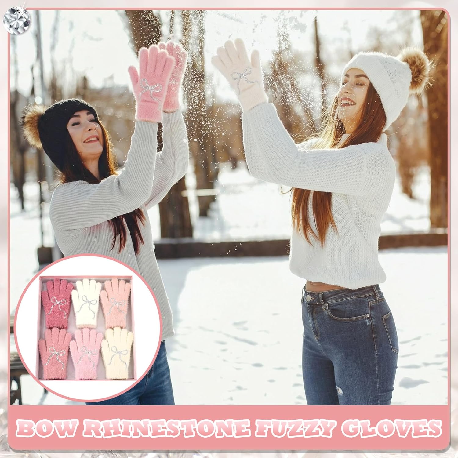 Faux Mink Gloves Women Winter Pink Bow White Warm Fuzzy Full Finger Gloves Coquette Mittens for Women Valentine Gift - Image 3