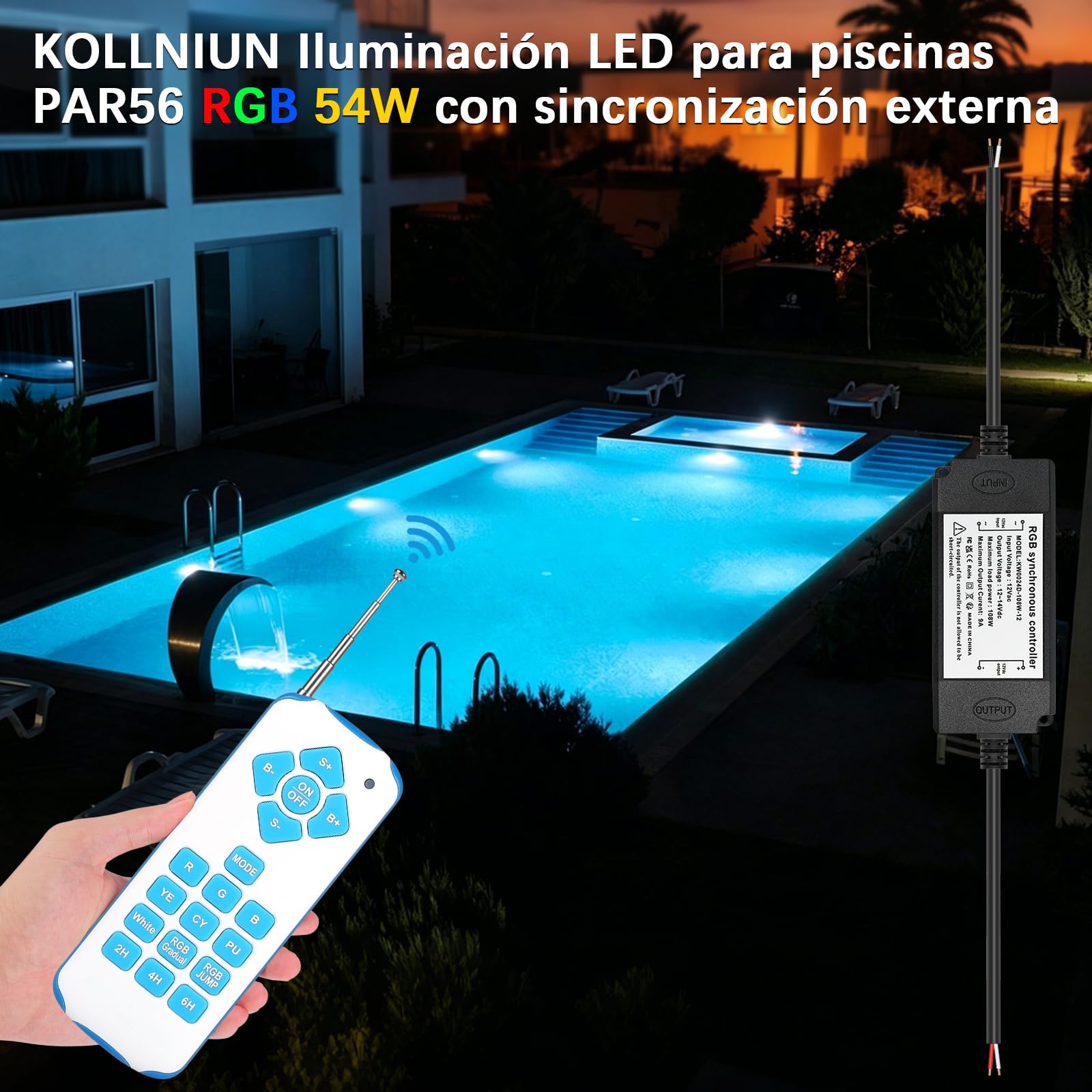 Iluminación LED para piscina RGB, 54W, PAR56, luces LED subacuáticas, flotante, sincronización externa, con mando a distancia, 12 V CA, IP68, resistente al agua