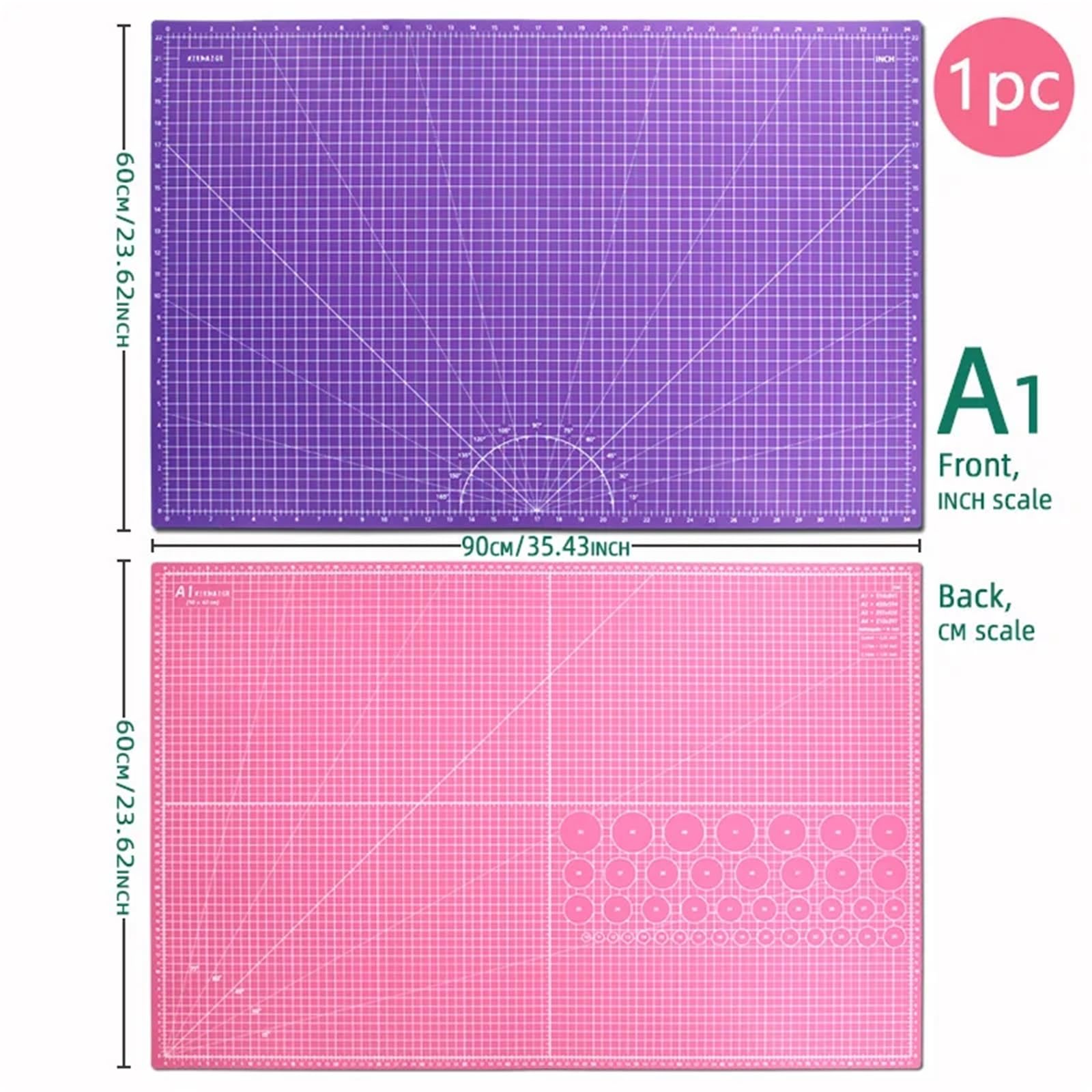 Tapete de corte A1 doble color Heigl, 35,43'' x 23,62'', almohadilla papel autocurativa multiusos PVC cara(Pink purple)