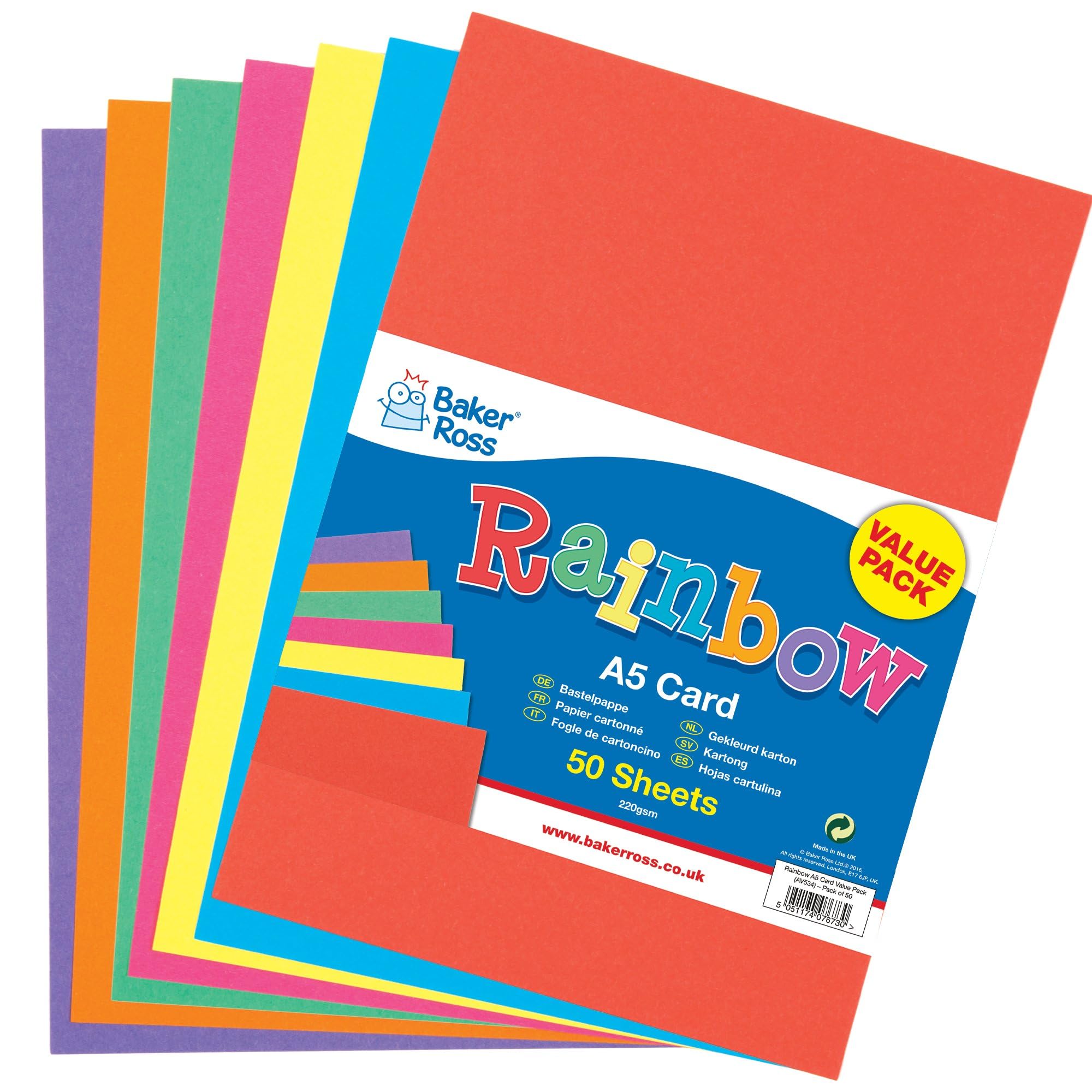 Baker Ross 50 x A5 220gsm Coloured Card - Perfect for Arts & Crafts, Collage, Model Making and More - Assorted Colours - AV534-image-36