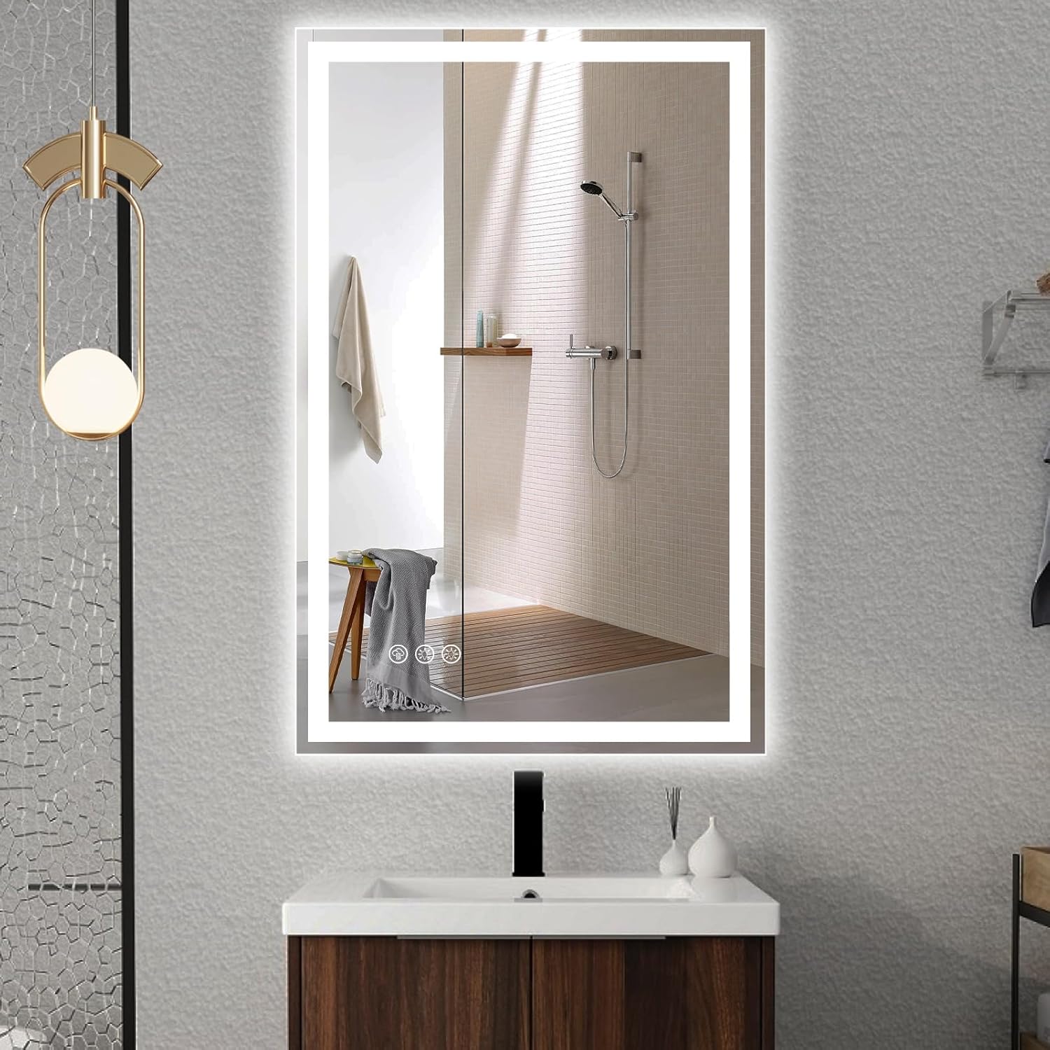 moonee 36x24 inch led bathroom mirror with lights, frontlit & backlit wall vanity mirror with 3 colors dimmable anti fog bathroom mirrors, with hd tempered glass, water proof,decor vanity mirror 36"l x 24"w frontlit+backlit