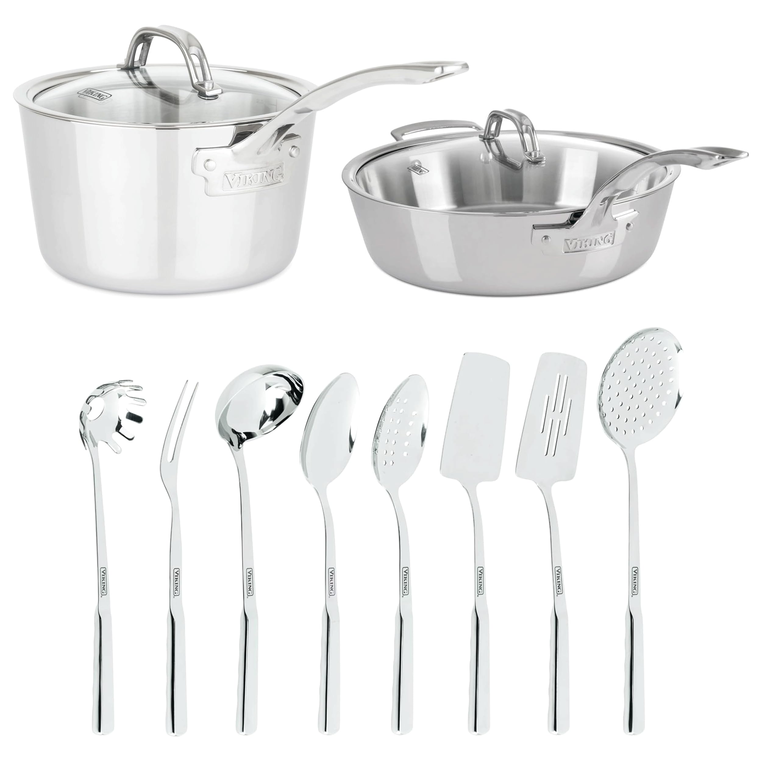 Stainless Steel Kitchen Essentials Bundle – 3-Piece Cookware Set with 8 Cooking Utensils, 4.8 Qt Sauté Pan & Lid, 3.4 Qt Sauce Pan & Lid – Induction Ready, Oven & Dishwasher Safe