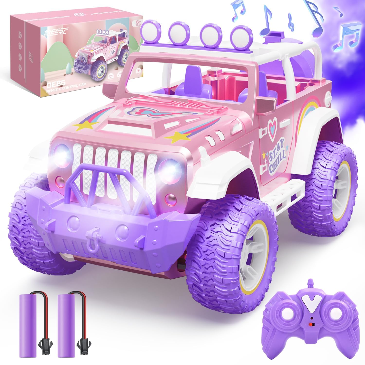 Remote Control Car for Girls with Fog Mist & Music, 1:16 RC Car with LED Lights for Kids, 2.4Ghz All Terrain SUV Truck Gifts, Off-Road Racing Vehicle Toy Car, Girls Cars Toys-Pink