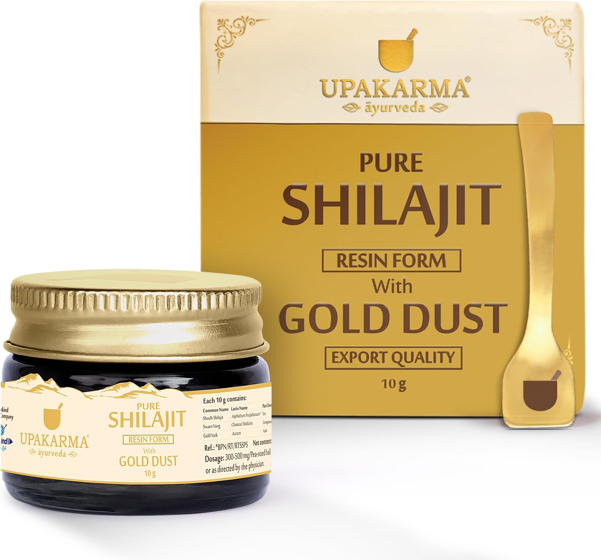 UPAKARMA Pure Shilajit Resin with Gold Dust 10g | 300mg/serving | Extensive Global Sourcing | Potent Ayurvedic Formula with 24 Carat Gold | Lab-Tested Purity | 33 Servings