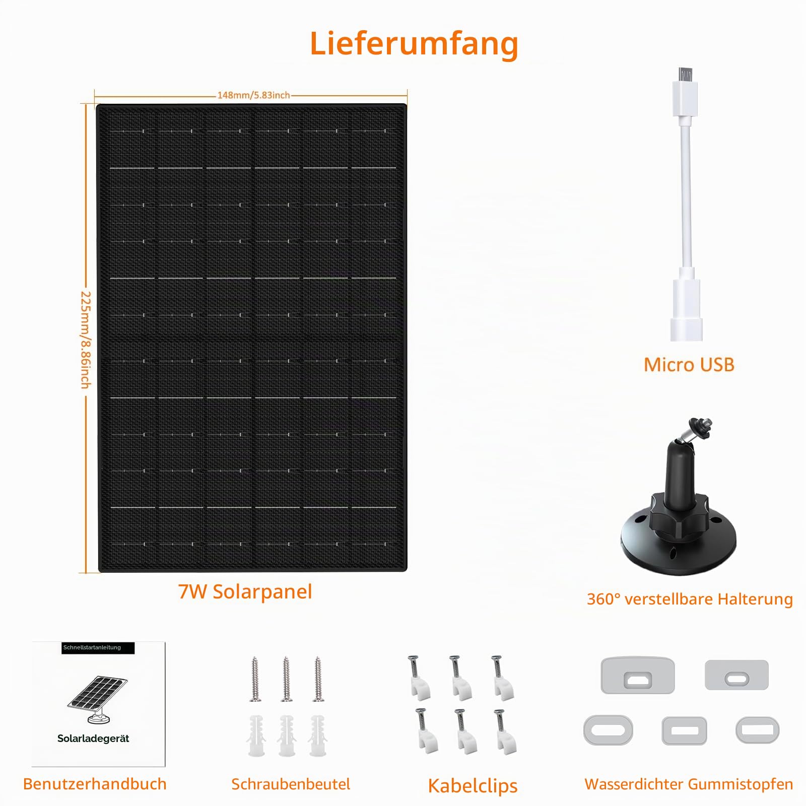 7W Solarpanel für Eufy Kamera, kompatibel mit Eufy E, 2C/2C Pro, 2/2 Pro, E20/E40, 5V Ladegerät mit USB-C Anschluss, Micro-USB Adapter, IP66 wasserdicht, 3 m Kabel